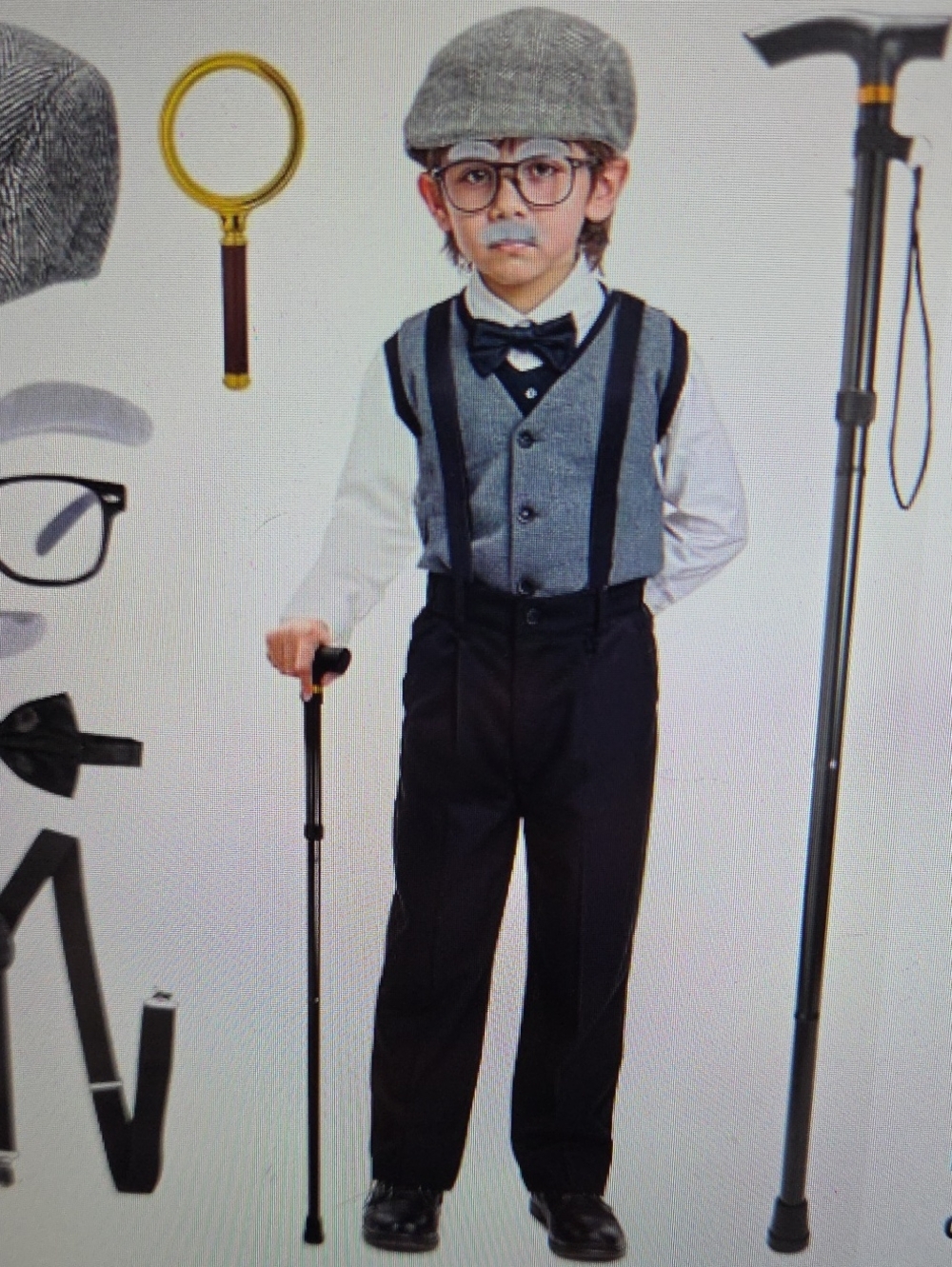 Old Mam Coatume For Kids Boy Cap, Cane, Bowtie Suspenders, Magnifying Glass
